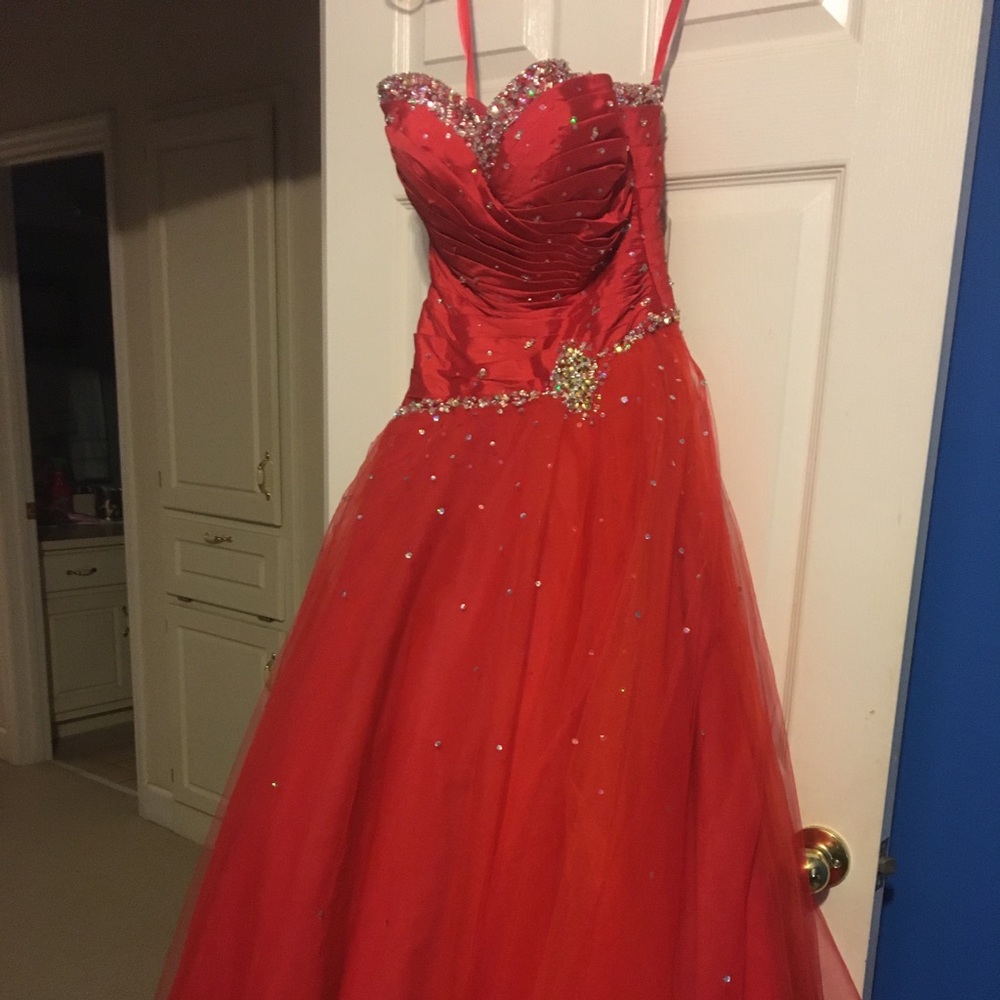 red prom dress with jewel detail